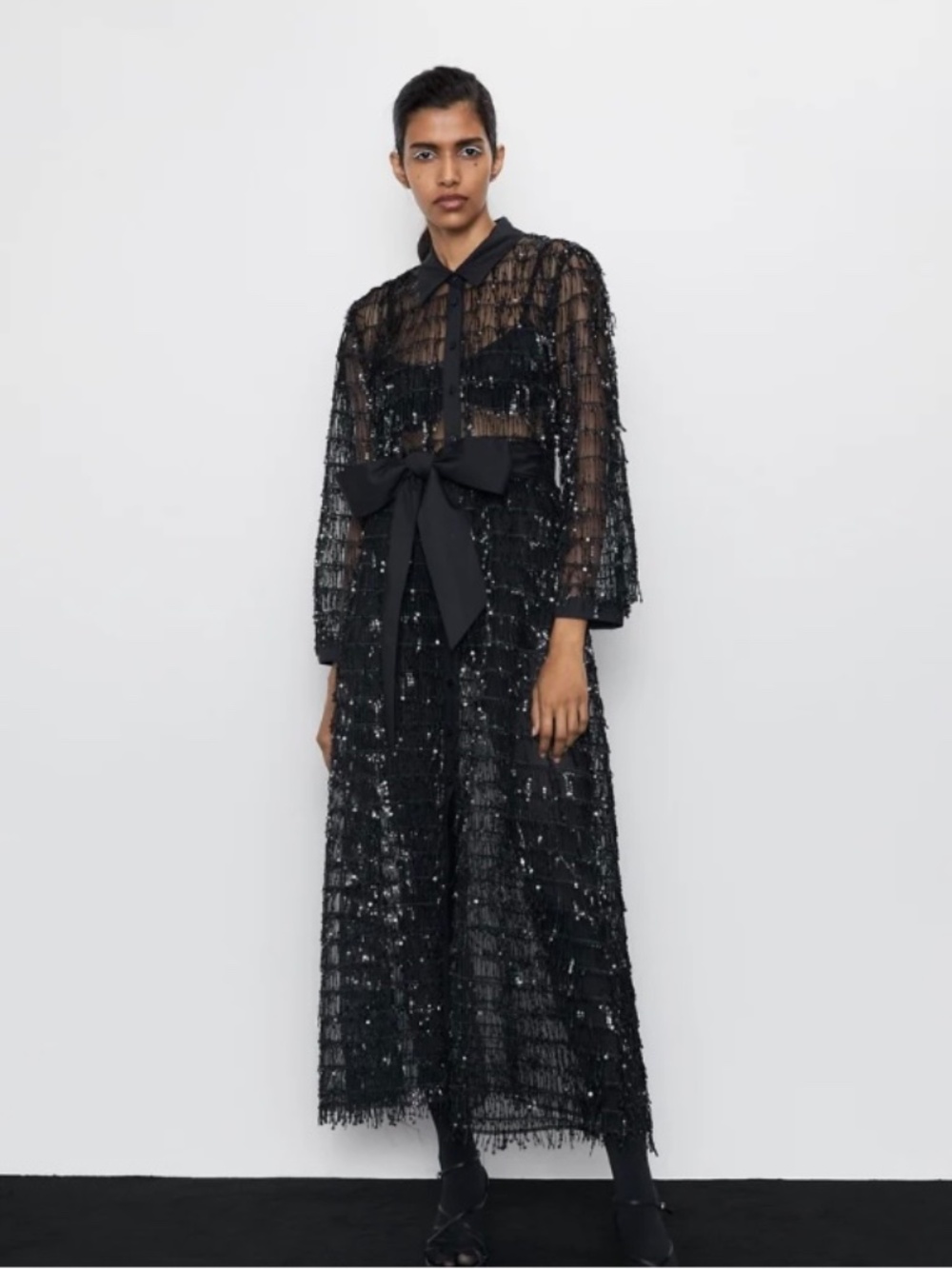 Zara NWT Black Sequined Button Front Dress Belted Tie Waist Maxi Size XL